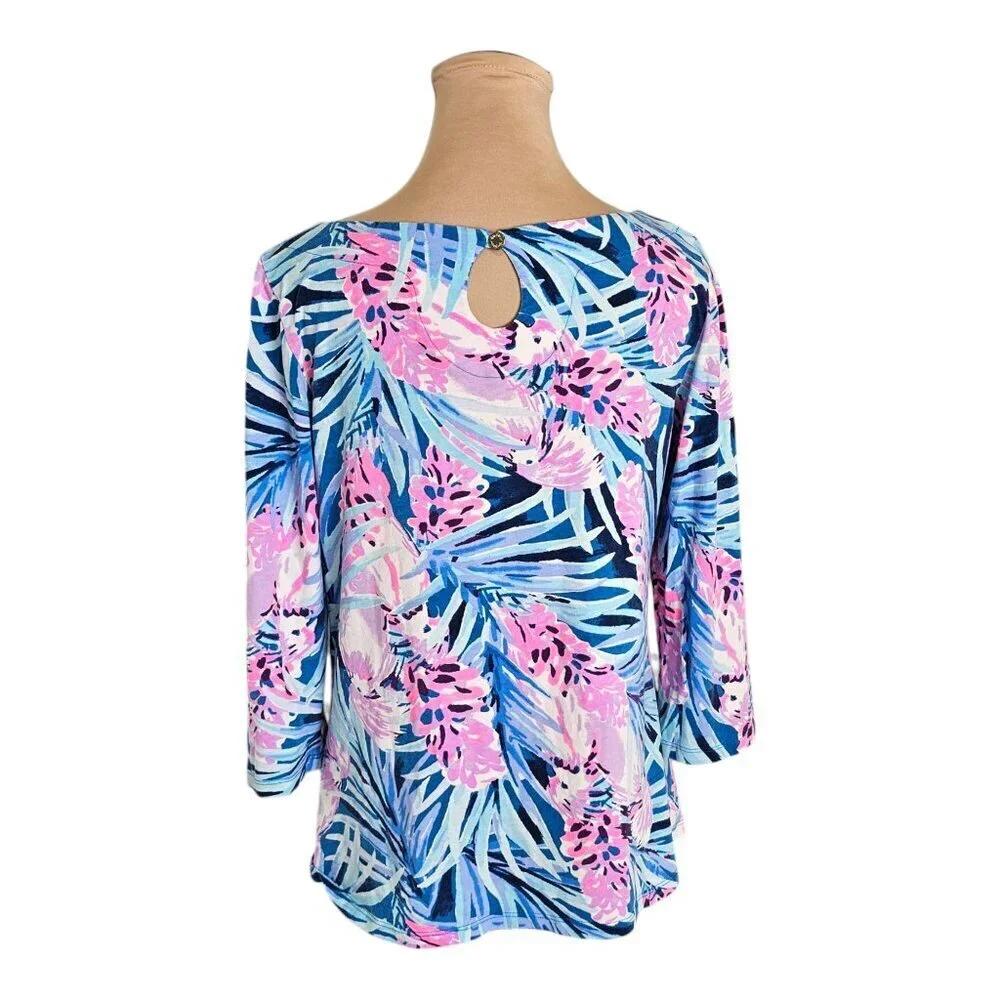 Lily Pulitzer Waverly Top Pink Blue Floral 3/4 Sleeve Sz M - Picture 5 of 7